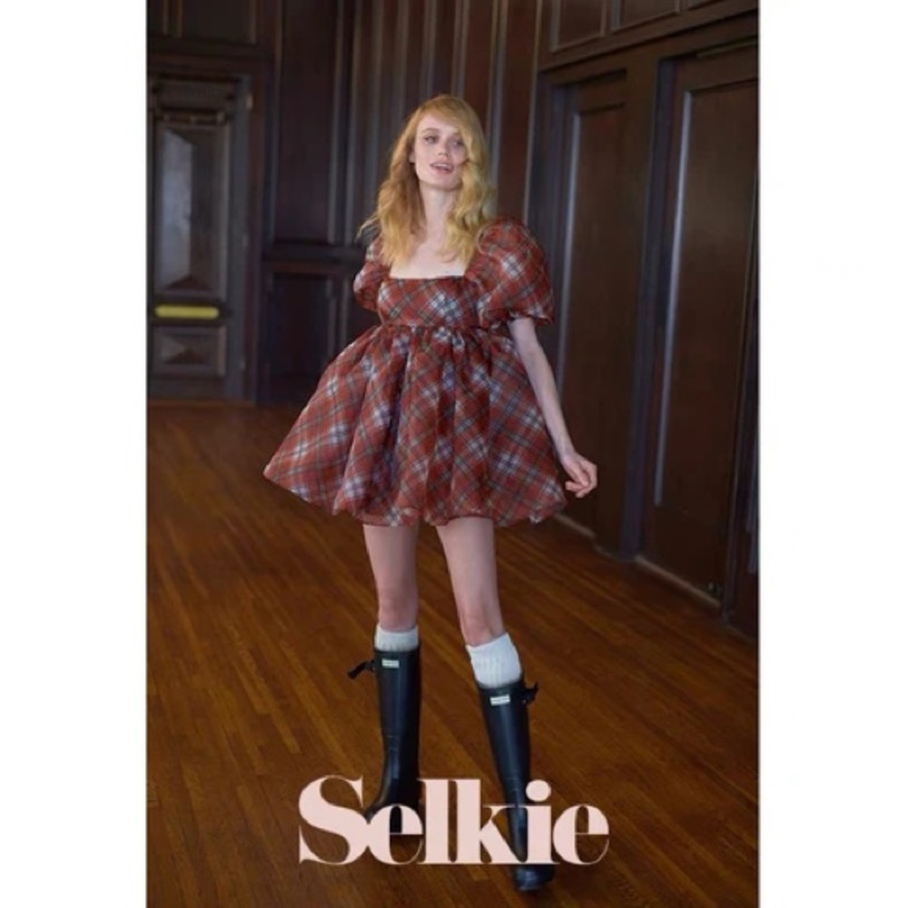 Selkie Red Tartan Puff Sleeve Babydoll dress - Picture 2 of 6
